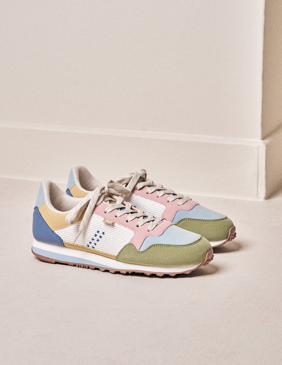 Running shoes Gabrielle - Pistachio, sky-blue and light pink vegan suede and mesh