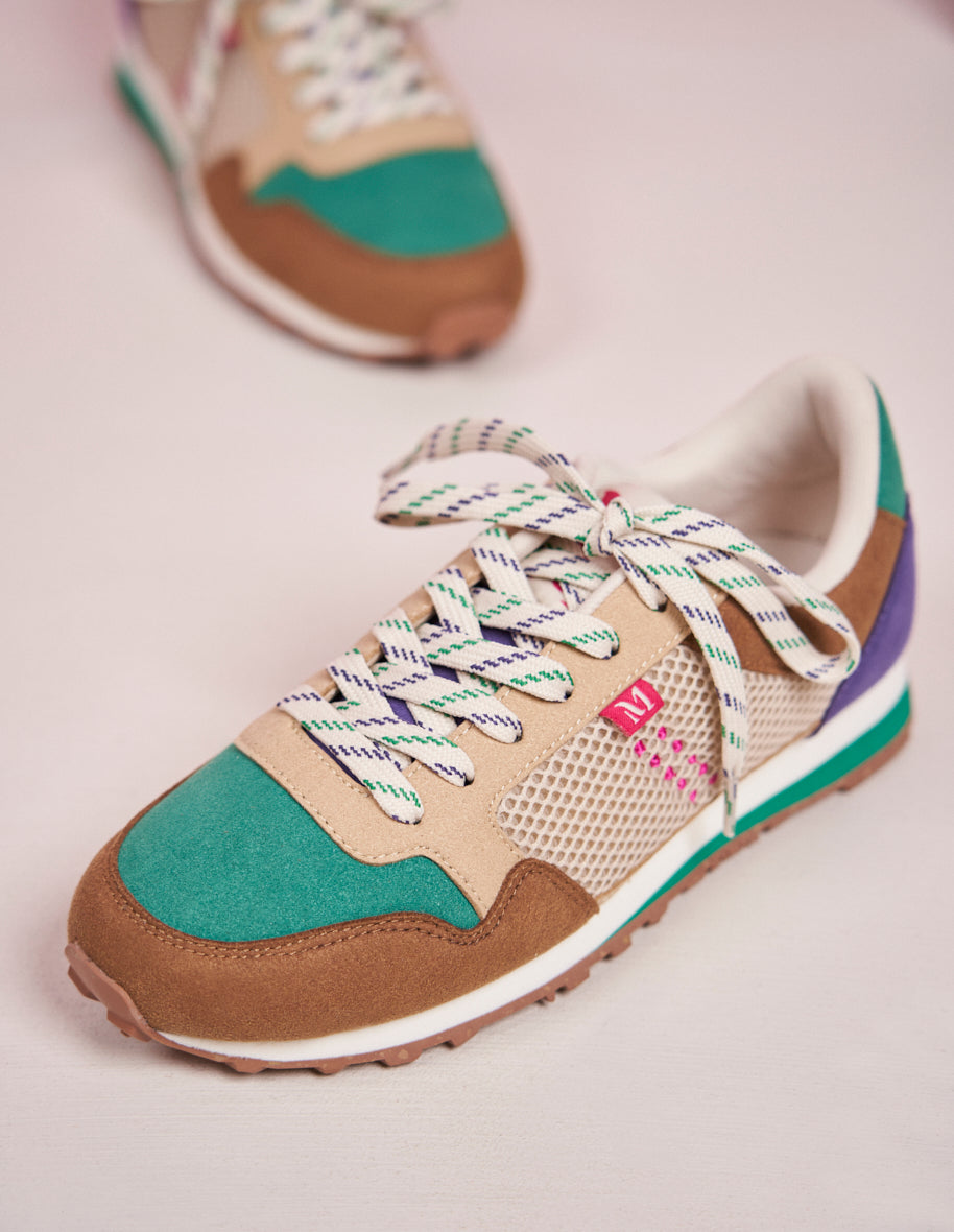 Running shoes Gabrielle - Taupe, green & cream vegan suede and mesh