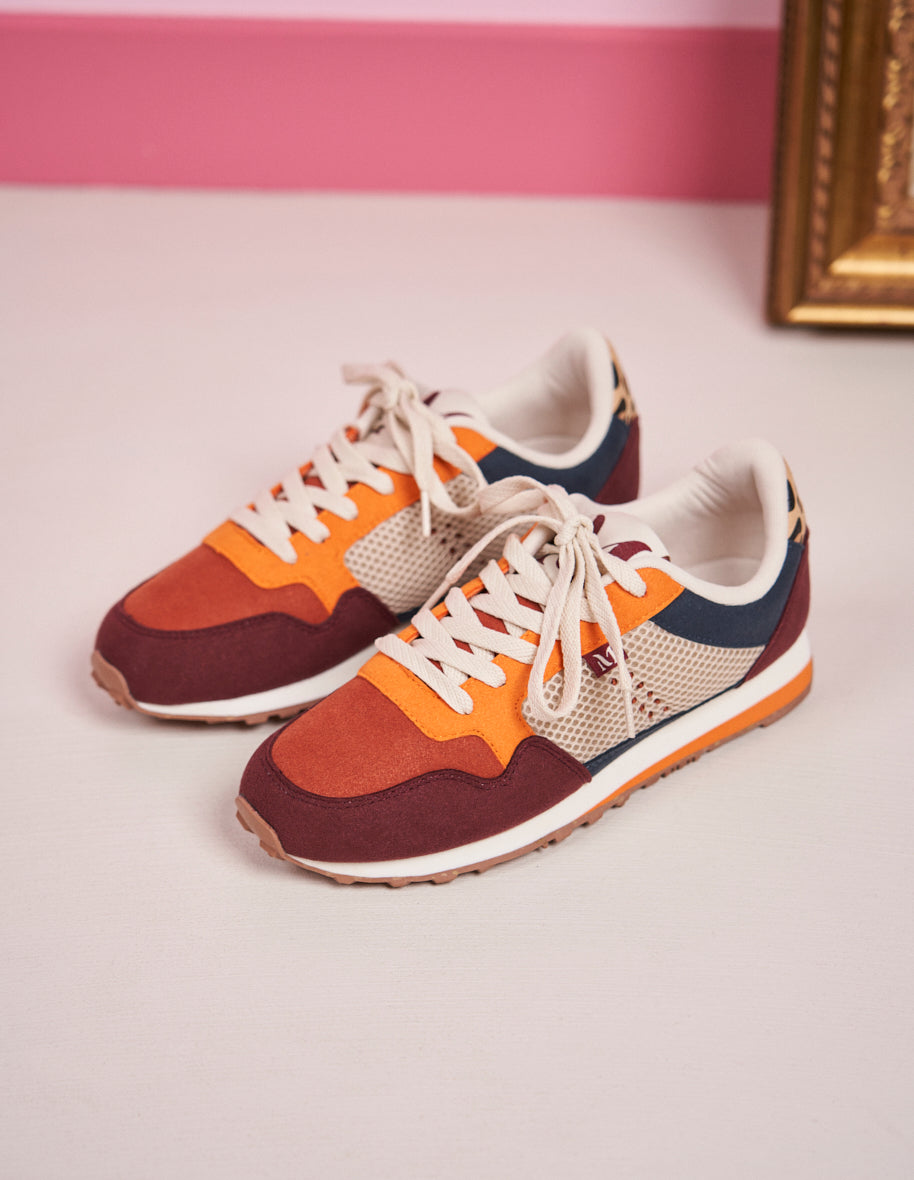 Running shoes Gabrielle - Burgundy, brick red & orange vegan suede and mesh