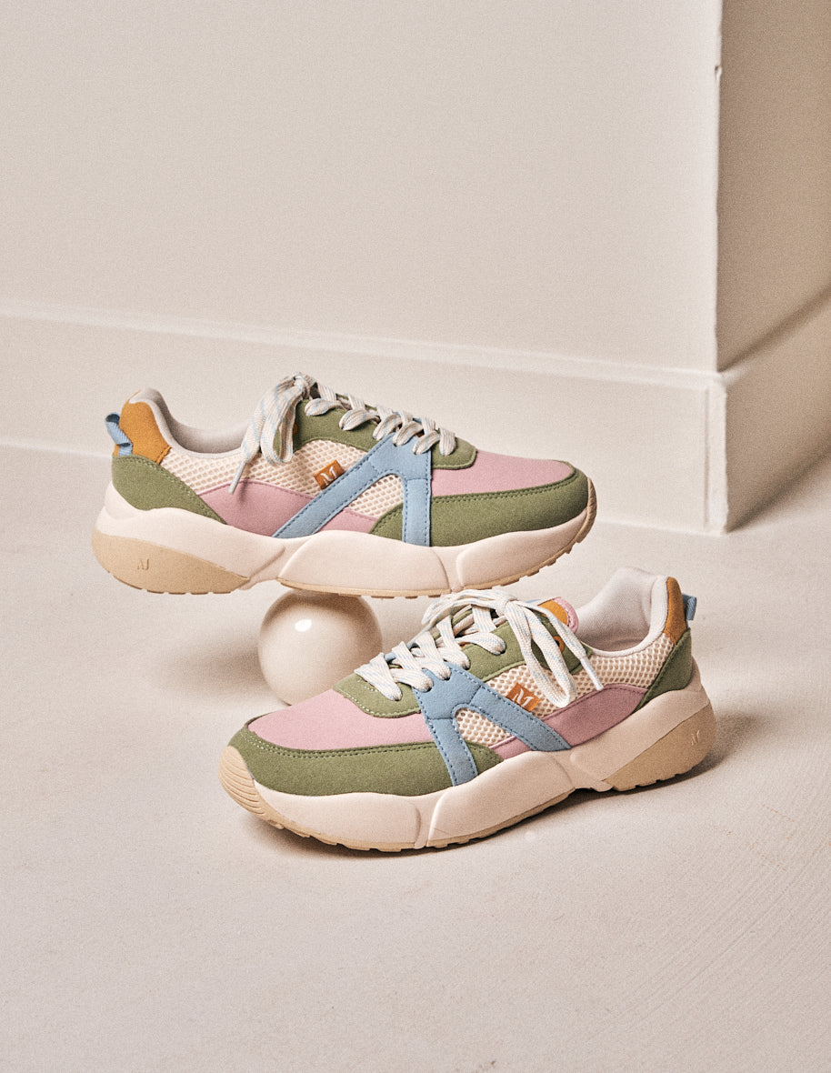 Low-top trainers Lison - Pistachio, light pink and sky-blue vegan suede and mesh