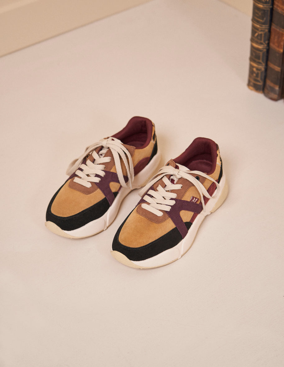 Running shoes Lison - Black, beige & burgundy suede