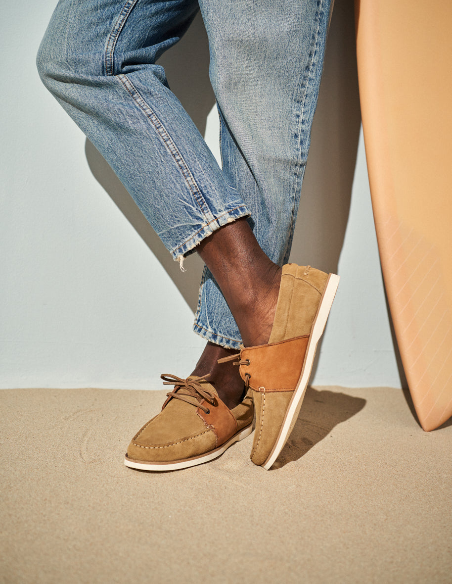 Boat shoes Marin - Beige suede and cognac leather