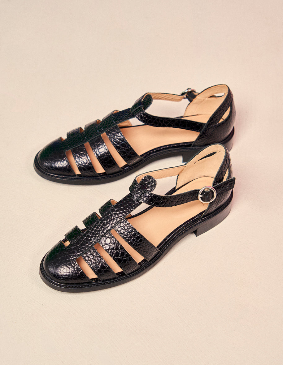 Sandales plates Monique - Cuir croco noir