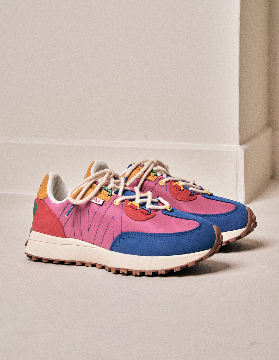 Running shoes Morgane - Blue, pink & red vegan suede and nylon