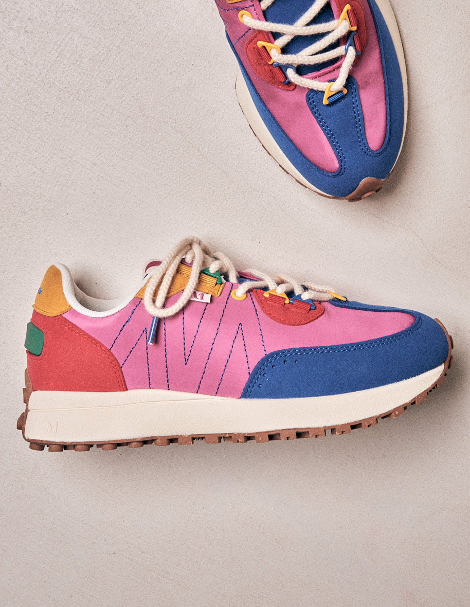 Running shoes Morgane - Blue, pink & red vegan suede and nylon