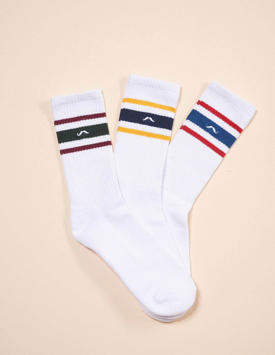 Pack of 3 socks - White sport and multicolored stripes