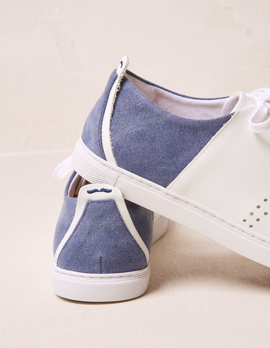 Low-top trainers René - White leather and gray blue canvas