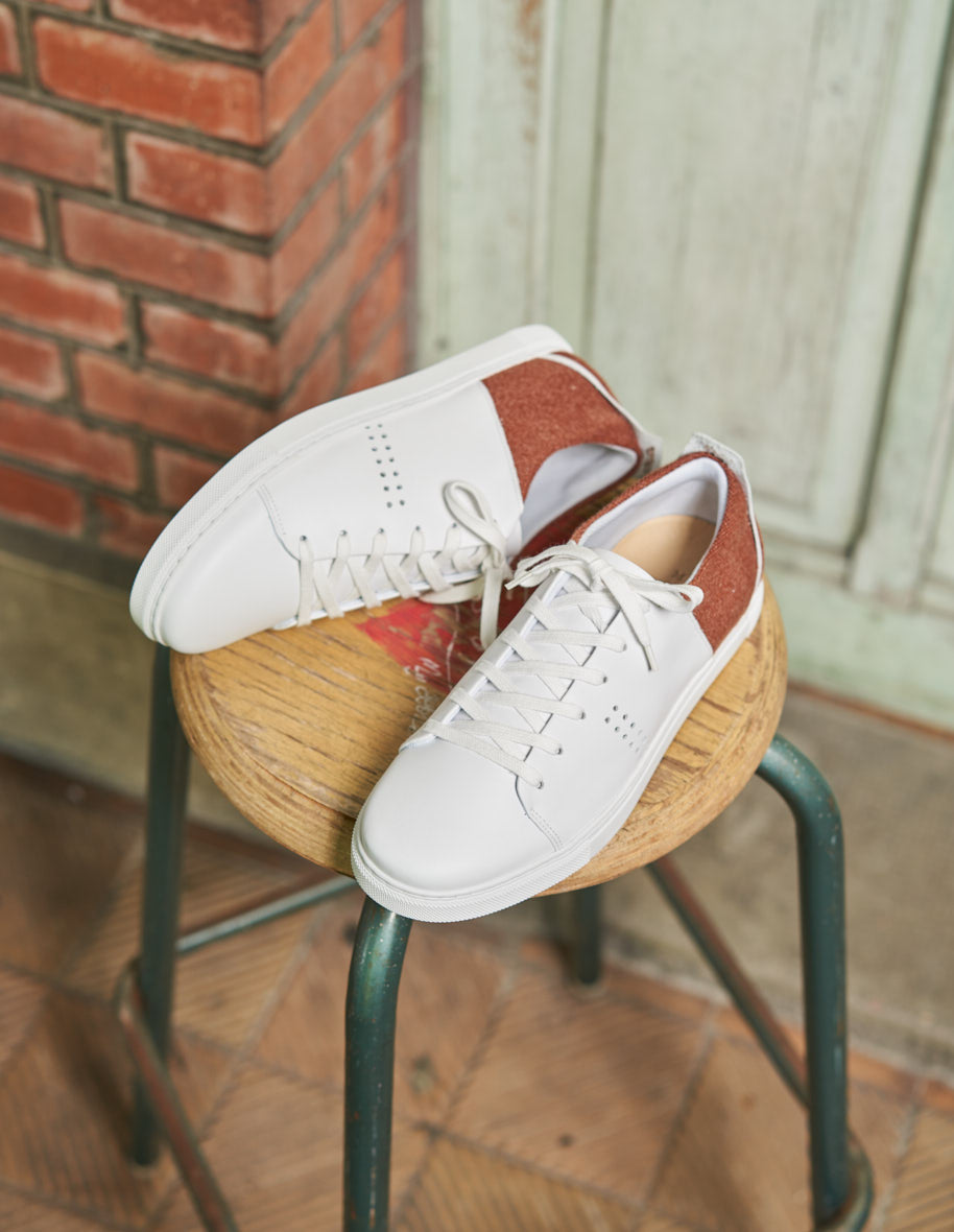 René low sneakers - white leather and terracotta woolen