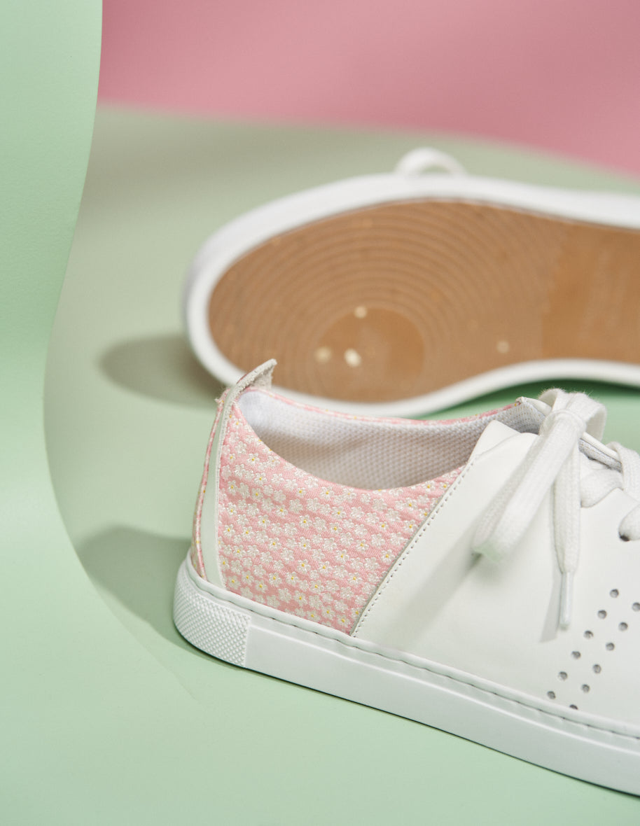Low-top trainers Renée - White leather and pink floral jacquard