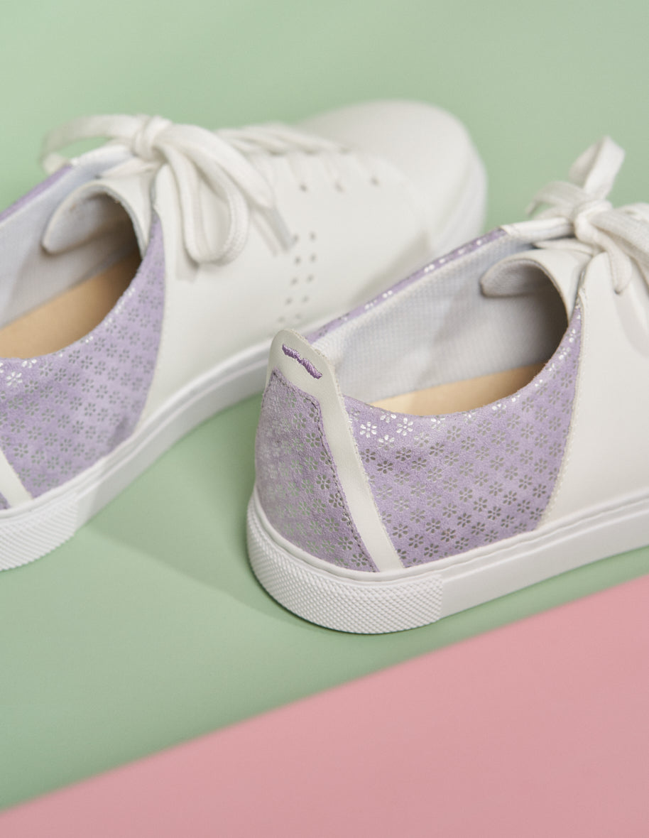 Low-top trainers Renée - White leather and floral lilac suede