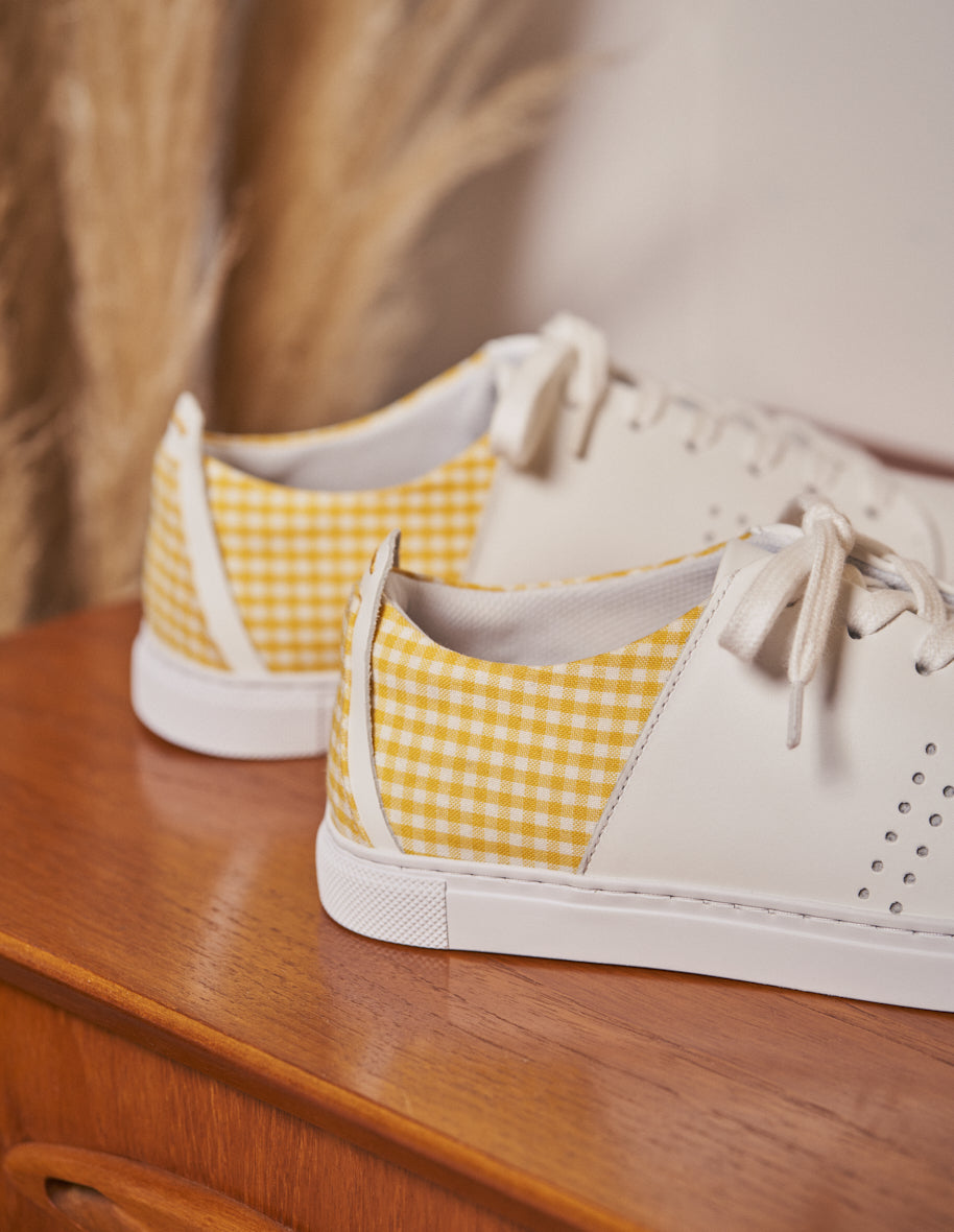 Low-top trainers Renée - White leather and vichy yellow canvas