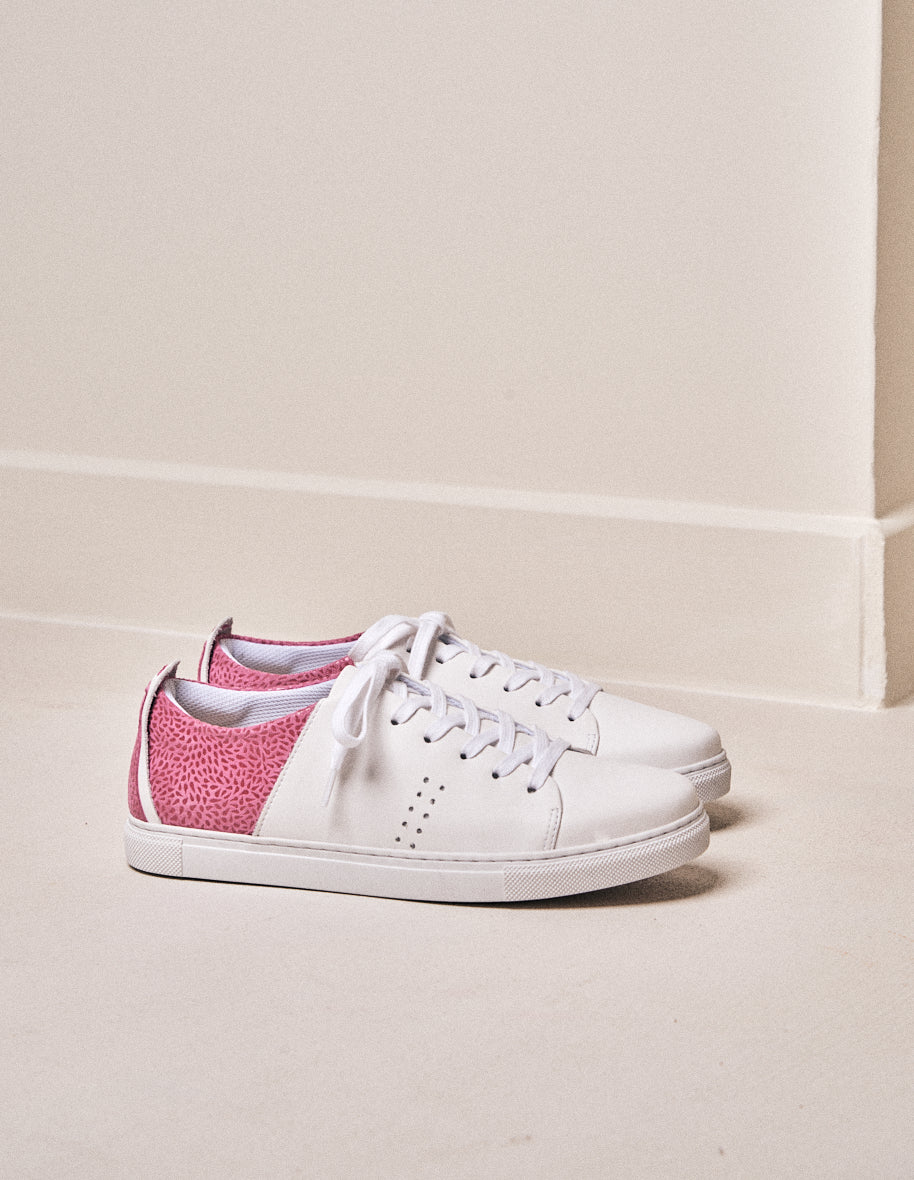 Low-top trainers Renée - White leather and pink floral suede