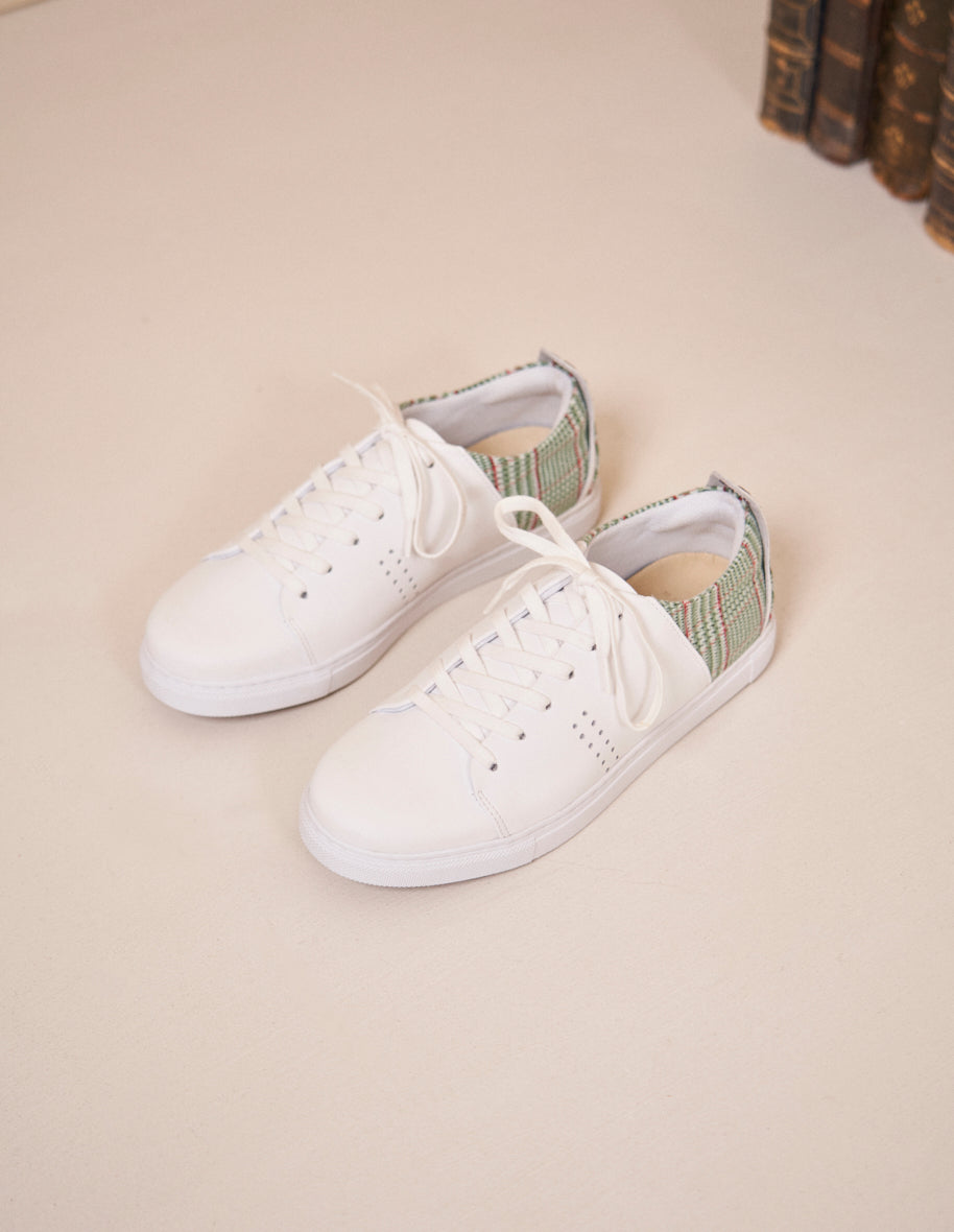 Low-top trainers Renée - White leather and green tartan