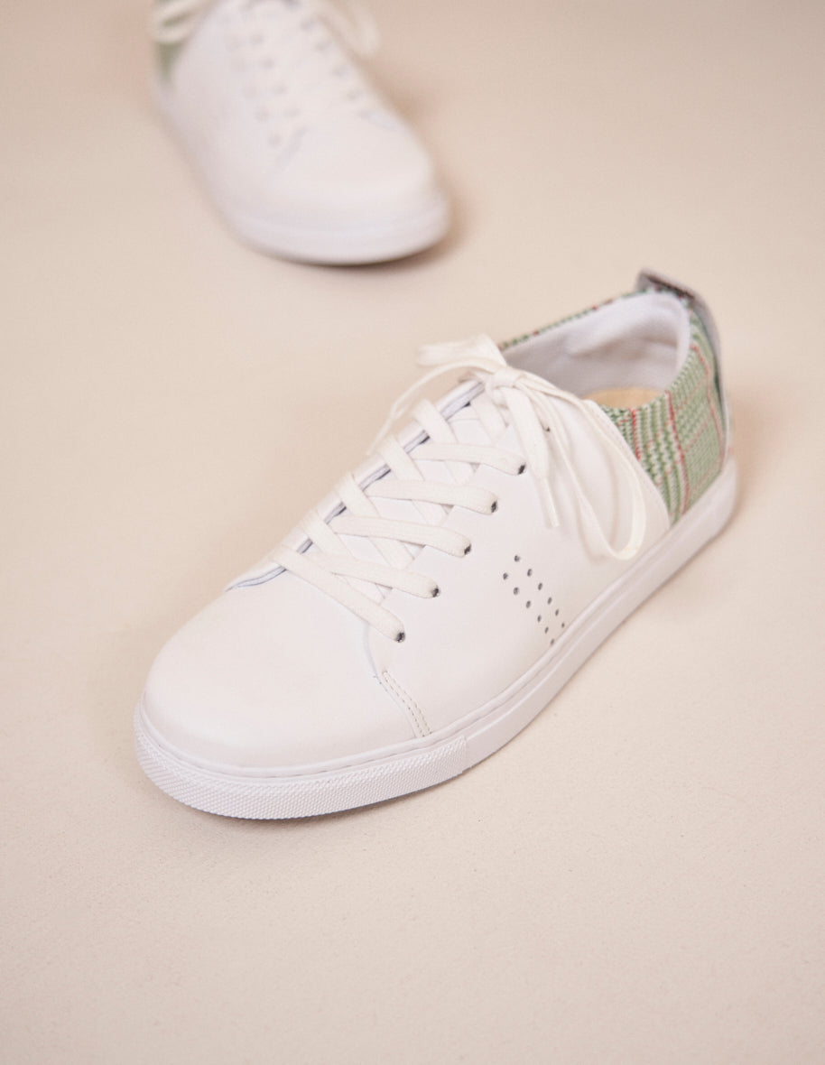 Low-top trainers Renée - White leather and green tartan