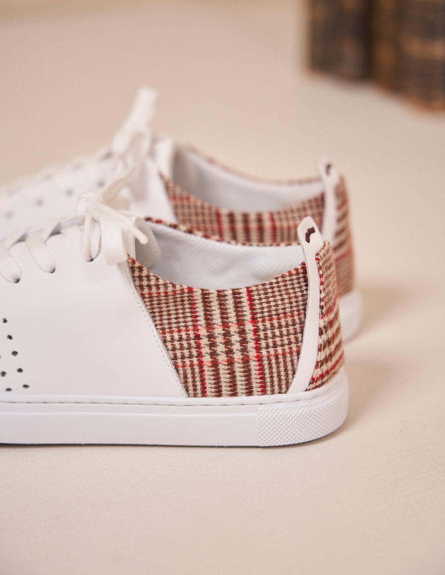 Low-top trainers Renée - White leather and brick red tartan
