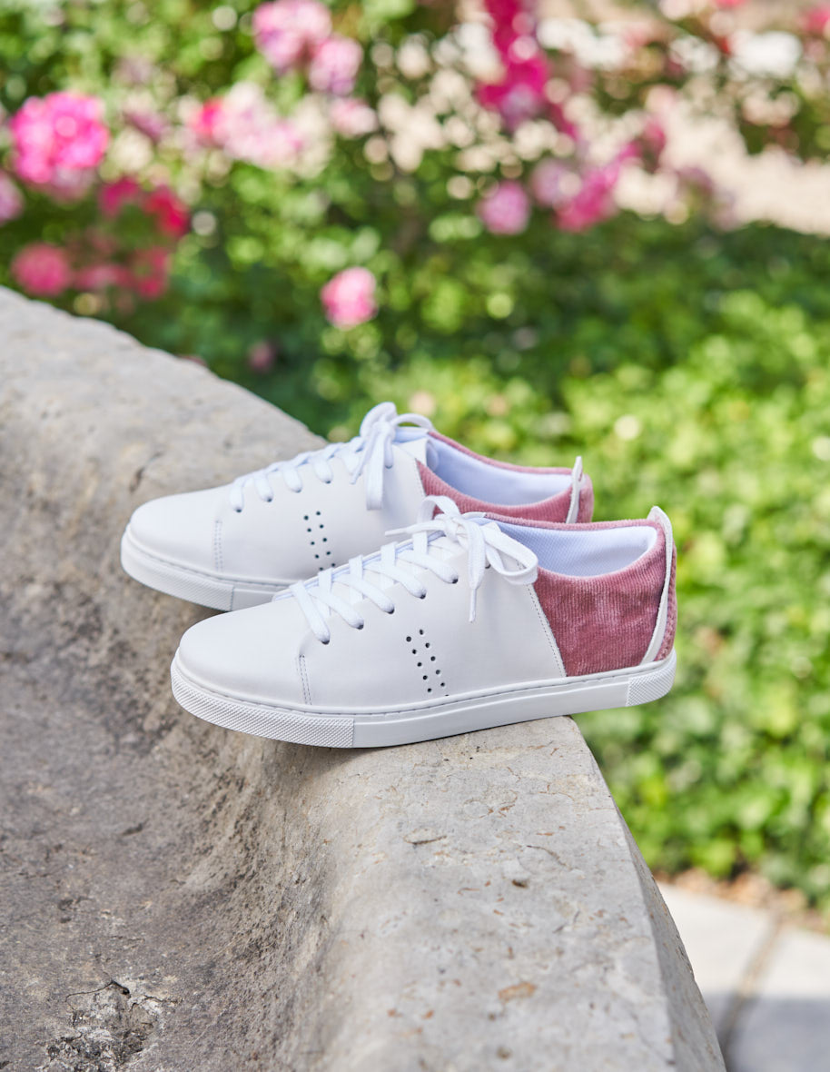 Low-top trainers Renée - White leather and pink corduroy